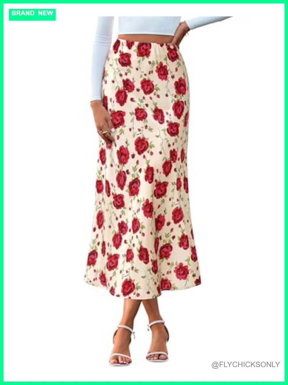 Satin Midi Skirt High Waisted A-Line Leopard Print Silk-Like Elastic Waistband